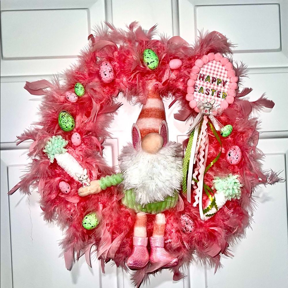 Pink Easter wreath with gnome